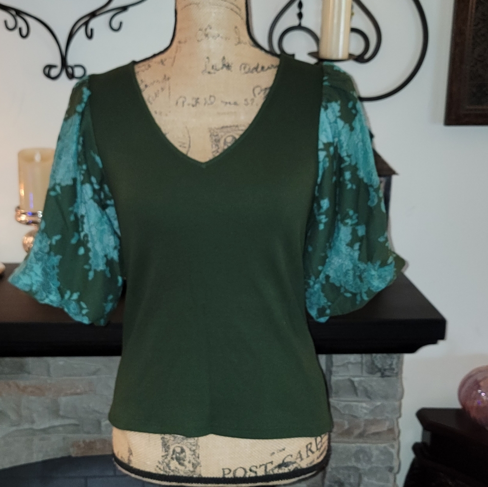 Anthropologie Dolan Lace Puff Sleeve Top Holly Green
